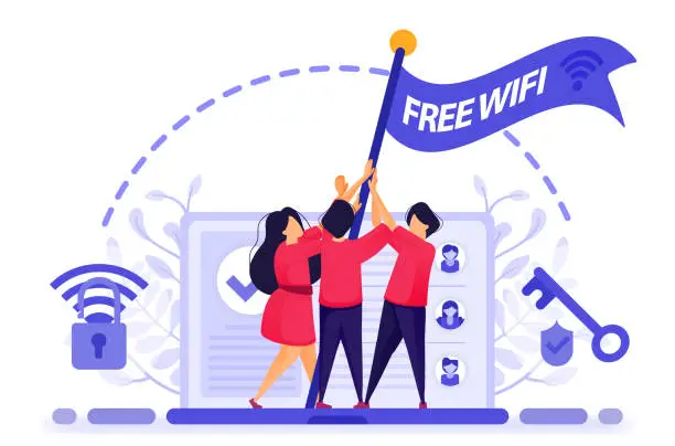 Vector illustration of People fly flag for protest to get free internet or wifi access with maximum security. key to break into firewall protection to get free wi-fi. Vector Illustration For Web, Landing Page, Banner, Mobile