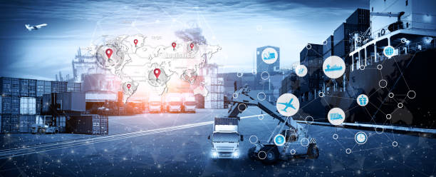 World map with logistic network distribution on background. Logistic and transport concept in front Logistics Industrial Container Cargo freight ship for Concept of fast or instant shipping, Online goods orders worldwide mapa mundial con la red logística de distribución en el fondo. enviar el concepto de logística y transporte en frente la carga logística industrial carga por concepto de rápido o inmediato envío, pedidos de productos en línea en todo el mundo