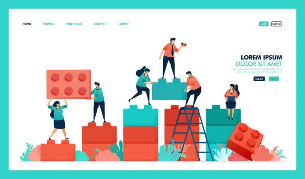 Vector illustration of Vector design of game, plastic building block, business chart. people collaborate to solving problem, complete puzzle plastic building block game to build and developing business intelligence or BI. strategy in achieving growth success