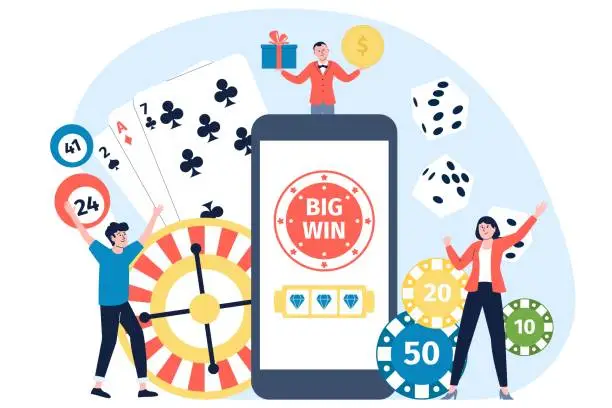 Vector illustration of Online gambling concept. Internet casino, roulette or dice, poker and lottery. Happy jackpot winners. People gaming addiction, recent vector easy money business scene