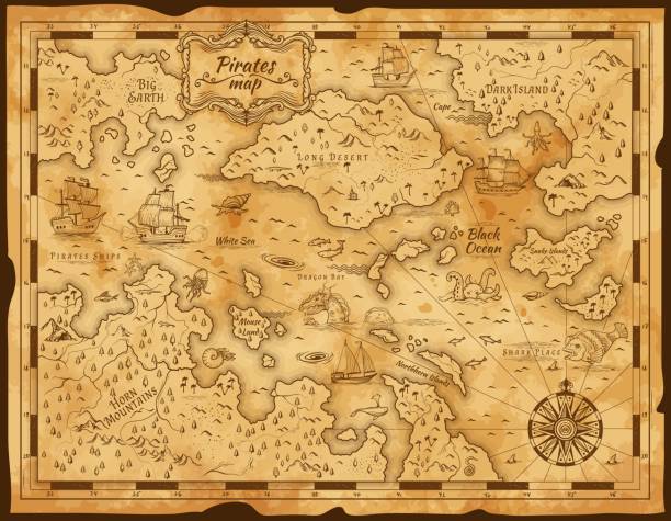 오래 된 해적 보물지도 양피지 - compass drawing compass map cartography stock illustrations