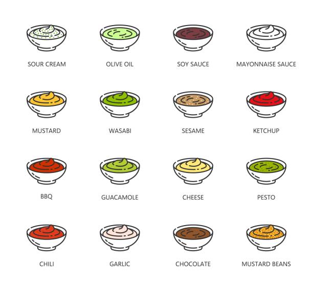 Sauce icons, ketchup BBQ, mayonnaise and mustard Sauce icons, ketchup BBQ, mayonnaise and mustard in bowls, vector fast food dressing. Sauce bowl line icons of mayo, tomato and soy sauce for barbecue, sour cream, spicy chili and cheese flavor dip savoury sauce stock illustrations