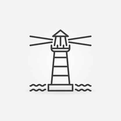 Lighthouse with Light in Sea vector concept icon or symbol in thin line style