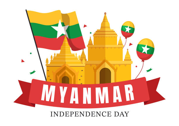 ilustrações, clipart, desenhos animados e ícones de celebrando o dia da independência de mianmar em 4 de janeiro com bandeiras em fundo plano de desenho animado modelos desenhados à mão ilustração - burmese flag