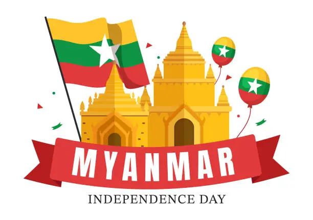 Vector illustration of Celebrating Myanmar Independence Day on January 4th with Flags in Flat Cartoon Background Hand Drawn Templates Illustration