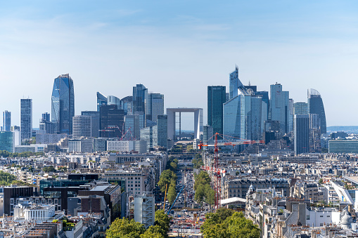 View of the business district of Paris. La Defense. Grande Armee avenue