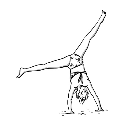 Rear view of a girl in her bikini doing a cartwheel at the beach.  Sketch illustration in vector format