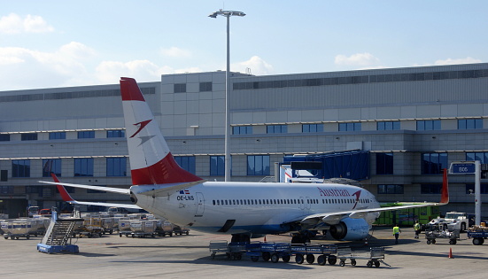 Austrian Airlines Boeing 737-8Z9 at the terminal of Athens International Airport, Athens, Greece