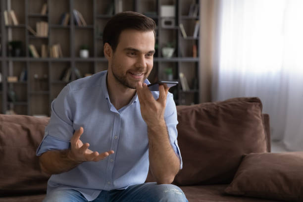 istock Confident male record audio file on smartphone use voice app 1442364858