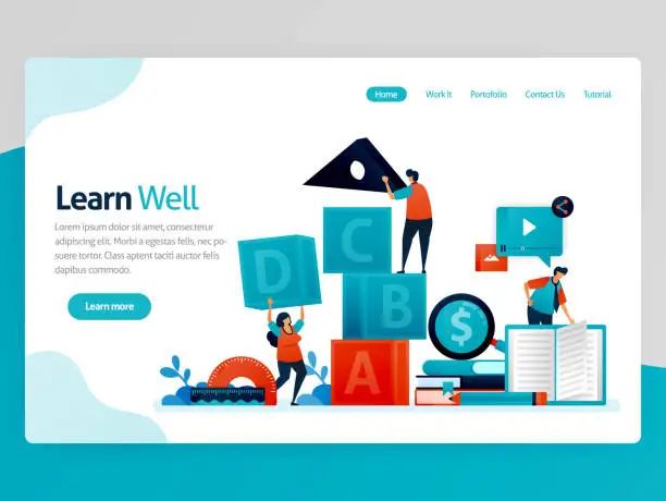 Vector illustration of Vector illustration for learn well landing page. Learning well, training teamwork and leadership, learning and playing. Intelligence game for student numeration. Homepage header web page template apps