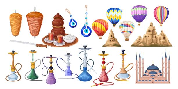 Travel to Turkey Set Travel to Turkey set vector illustration. Cartoon isolated Turkish mosque, landmarks and culture symbols, hot tea cup and pot, doner kebab on skewer for shawarma, air balloons of Cappadocia and hookah cappadocia balloon stock illustrations