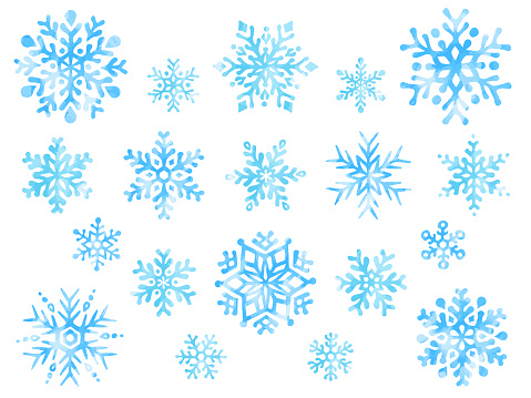 Illustration set of various shaped light blue snowflakes in watercolor style