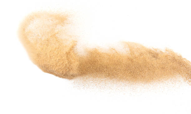 istock Sand flying explosion, Golden sand wave explode. Abstract sands cloud fly. Yellow colored sand splash throwing in Air. White background Isolated high speed shutter, throwing freeze stop motion 1442369648