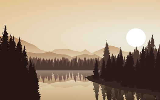 Flat nature landscape with mountains and forest. Vector scenery illustration