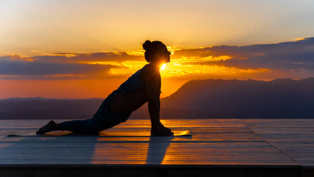 istock Woman silhouette practicing lizard yoga pose, doing hip opening asana 1442372617