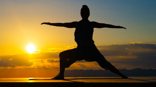 istock Woman silhouette standing in warrior 2 pose, practicing yoga 1442372644