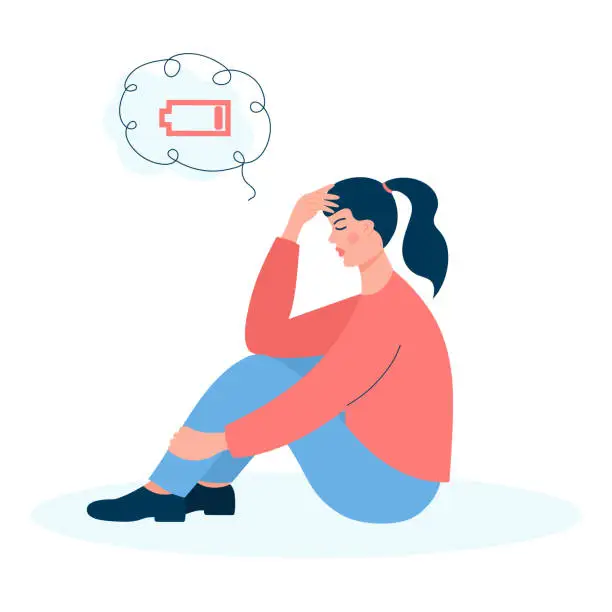 Vector illustration of Tired woman sitting with a low battery in her thoughts. Emotional burnout, mental disorder, mental health issues, exhausted, stress, crisis, burnout syndrome, problems at work concept.