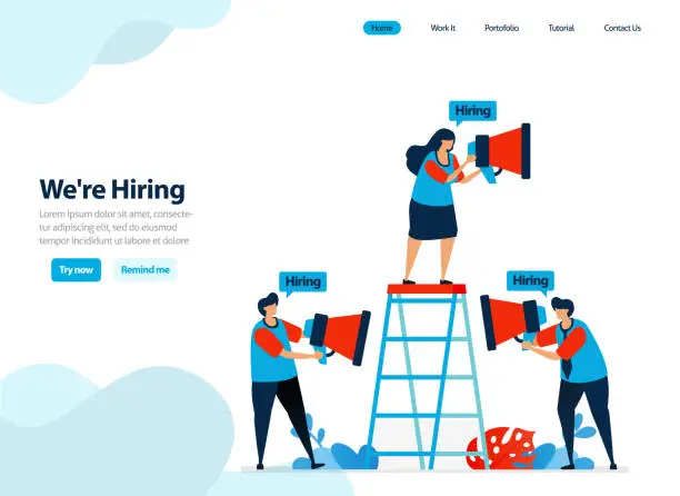 Vector illustration of website design of hire and employee recruitment. we're hiring for company landing page. job seeker, career dan recruiting. Flat illustration for template, ui ux, website, mobile app, flyer, brochure
