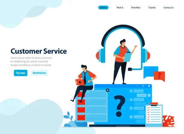 Vector illustration of website design of customer service and help center. handle and answer customer questions and complaints. Flat illustration for landing page template, ui ux, website, mobile app, flyer, brochure, ads
