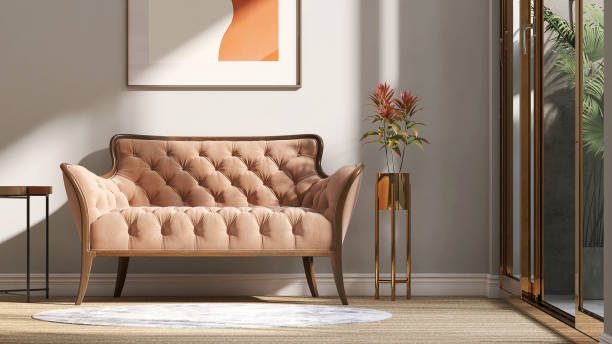 brown suede leather sofa, brass steel coffee table and plant in classic and luxury gray  wall and parquet floor room with sunlight from glass door to courtyard - indoors window courtyard elegance imagens e fotografias de stock