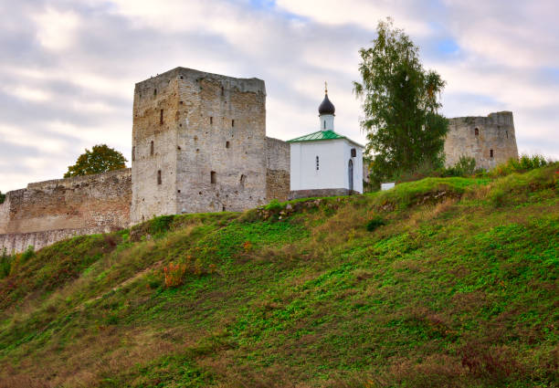 The old stone Izborskaya Church. Chapel of the Korsun Icon of the Mother of God at the fortress walls. Izborsk, Pskov region, Russia, 2022