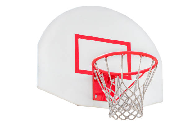 istock Basketball sitting on rim with net isolated on white background 1442378986