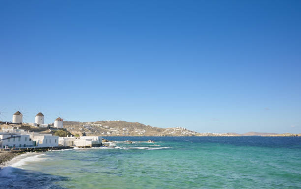 Wide angle summer beach on greek island mykonos island