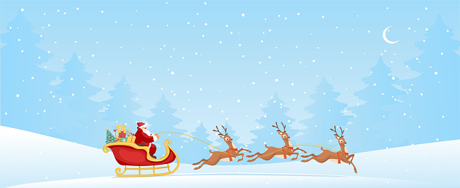 Christmas banner with copy space, Santa Claus in a snowy forest carries gifts to children. Flat cartoon vector illustration, new year card