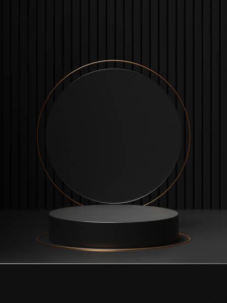 istock Luxury podium empty black stand 3d stage on modern interior background with blank product showcase pedestal minimal platform studio scene or dark cosmetic display backdrop elegant advertising banner. 1442388729