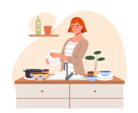 Woman washing dishes. Young girl wipes plate with sponge in kitchen. Routine and daily activities concept. Cleanliness and hygiene. Poster or banner for website. Cartoon flat vector illustration