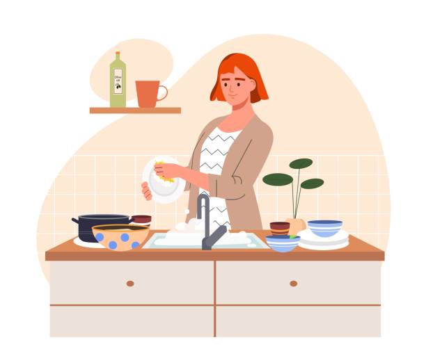 Woman washing dishes Woman washing dishes. Young girl wipes plate with sponge in kitchen. Routine and daily activities concept. Cleanliness and hygiene. Poster or banner for website. Cartoon flat vector illustration wash dishes stock illustrations
