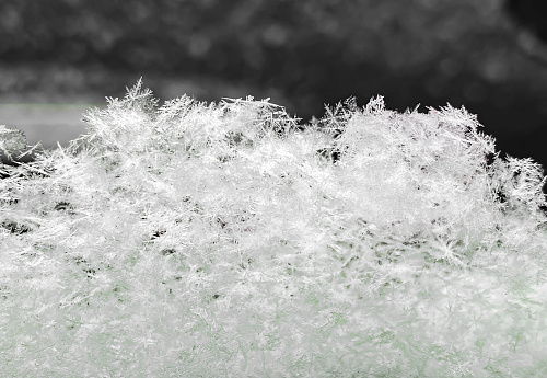 Snow flakes show their fragility as they gently fall to the rough surface. Some of the flakes manage to hold together and show off their crystal formations.