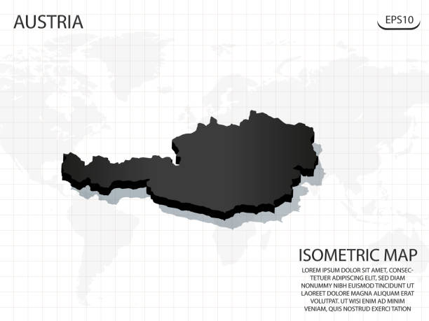 세계 지도 배경에 오스트리아의 3d 지도 검정. 벡터 현대 아이소메트릭 개념 인사말 카드 그림 eps 10. - art product austria black black background stock illustrations