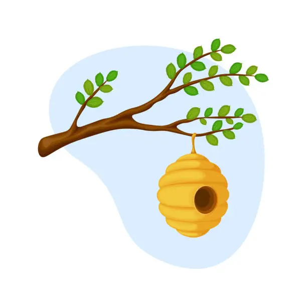 Vector illustration of Hive. Yellow cartoon bee hive. A beehive on a tree branch. Vector illustration isolated on a white background