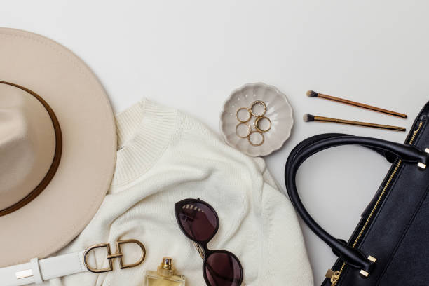 istock Flat lay with stylish feminine accessories on the white background. 1442397328