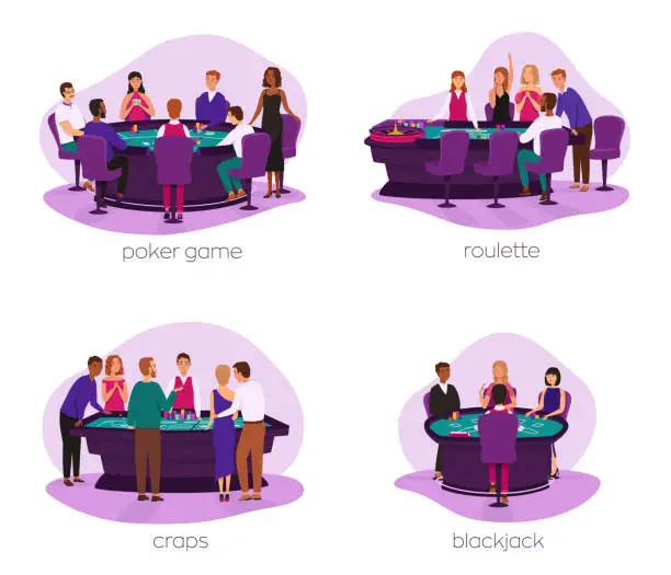 Vector illustration of People play roulette, craps game, poker game and blackjack vector set. For design casino web sites. Four illustrations on the abstract background