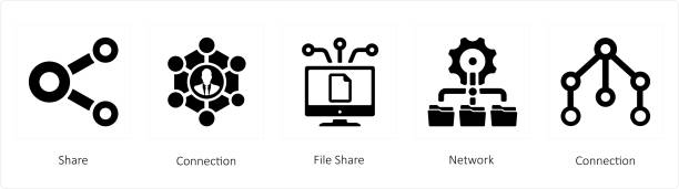 ilustraciones, imágenes clip art, dibujos animados e iconos de stock de compartir, conexión, recurso compartido de archivos - fileshare