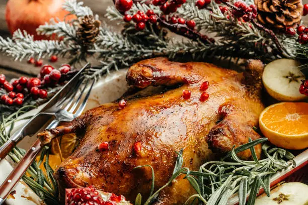 Photo of Homemade Roast Duck with rosemary and oranges. Thanksgiving or Christmas Dinner