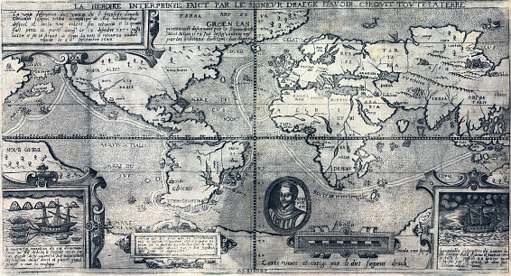 The old engraved world map of Francis Drake's circumnavigation also known as Drake's Raiding Expedition