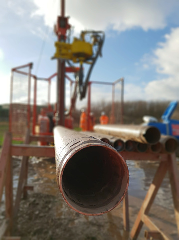 A vertical shot of an industrial site, geotechnical drilling rig