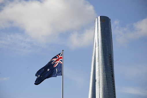 Sydney, Australia – May 02, 2021: A low angle of the Crown Sydney (also referred to as One Barangaroo), is a skyscraper in Barangaroo, New South Wales, Australia