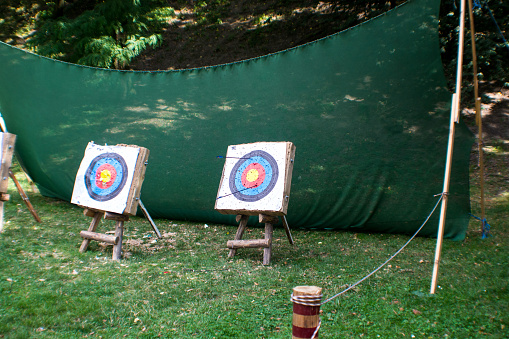 A number of arrows stuck on an archery target board