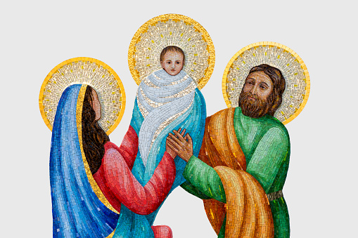 A mosaic of Jesus Christ with Mary and Joseph isolated on a white background