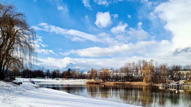 istock Wide-angle winter scene with lake, snowy shore and trees under blue cloudy sky 1442407189
