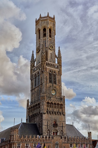 A vertical shot of the Belfort tower in Bruges, Belgium