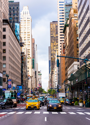 New York, USA - September 23, 2018: FIFTH AVENUE (5th Ave) is the most famous street of New York. 5th AVE is best known as an unrivaled shopping street. Manhattan, New York City, USA.
