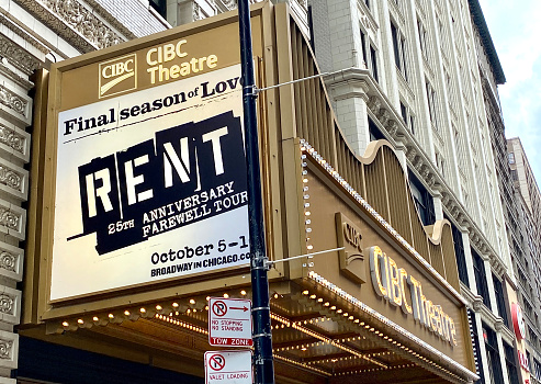 Chicago, United States – October 11, 2021: The Marquee sign outside CIBC Theatre in Chicago announcing the 25th Anniversary Farewell Tour
