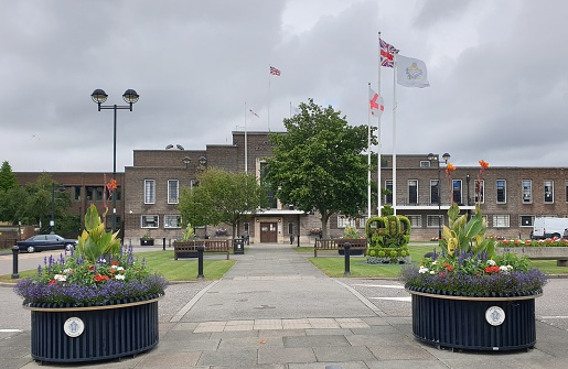 Romford, United Kingdom – October 01, 2021: The Havering town Hall and Garden, in Romford, Essex, UK