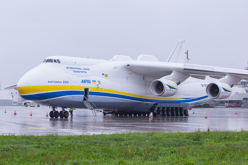 Linz, Austria – October 07, 2021: Antonov AN225, the largest commercial transport aircraft of the world at Linz Airport in Austria