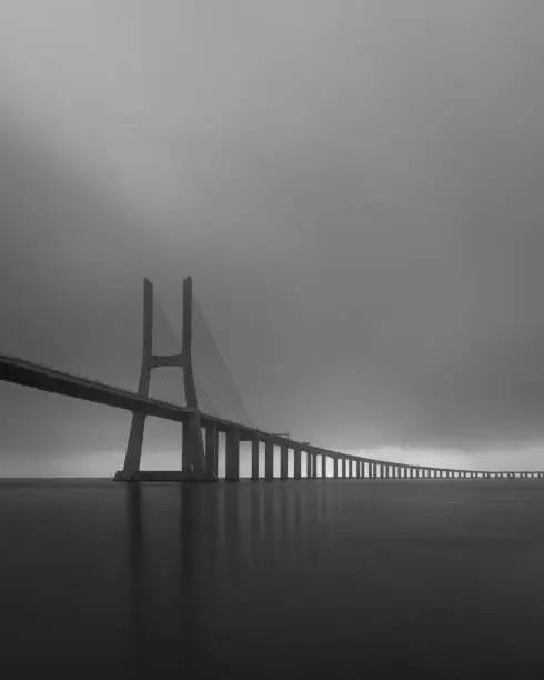 Photo of Grayscale shot of the famous Vasco da Gama cable-stayed bridge in Portugal over the Tagus river